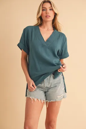 Aemi   Co Side Slit V-Neck Short Sleeve Blouse