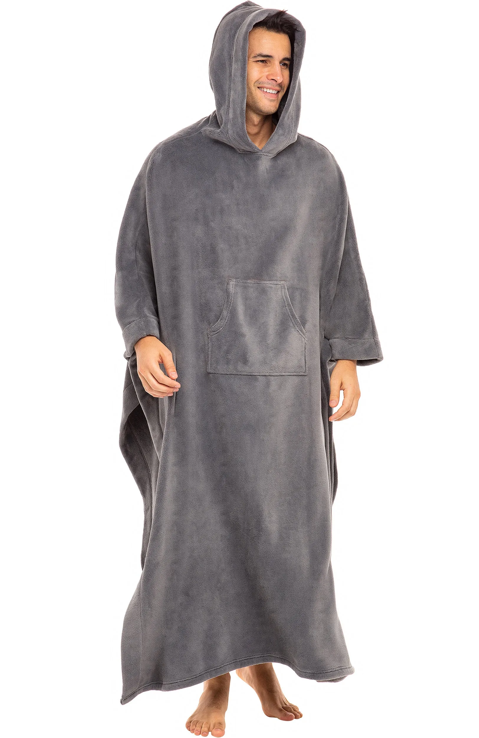 Alexander Del Rossa Long Hooded Fleece Blanket Robe, Poncho with Hood