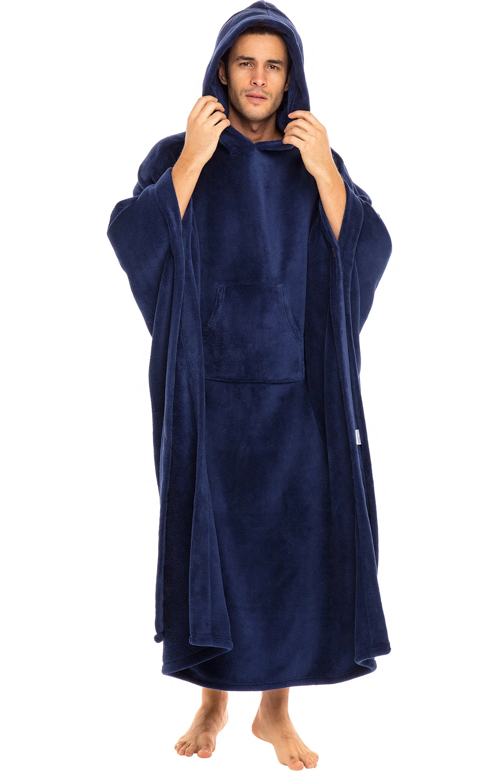 Alexander Del Rossa Long Hooded Fleece Blanket Robe, Poncho with Hood