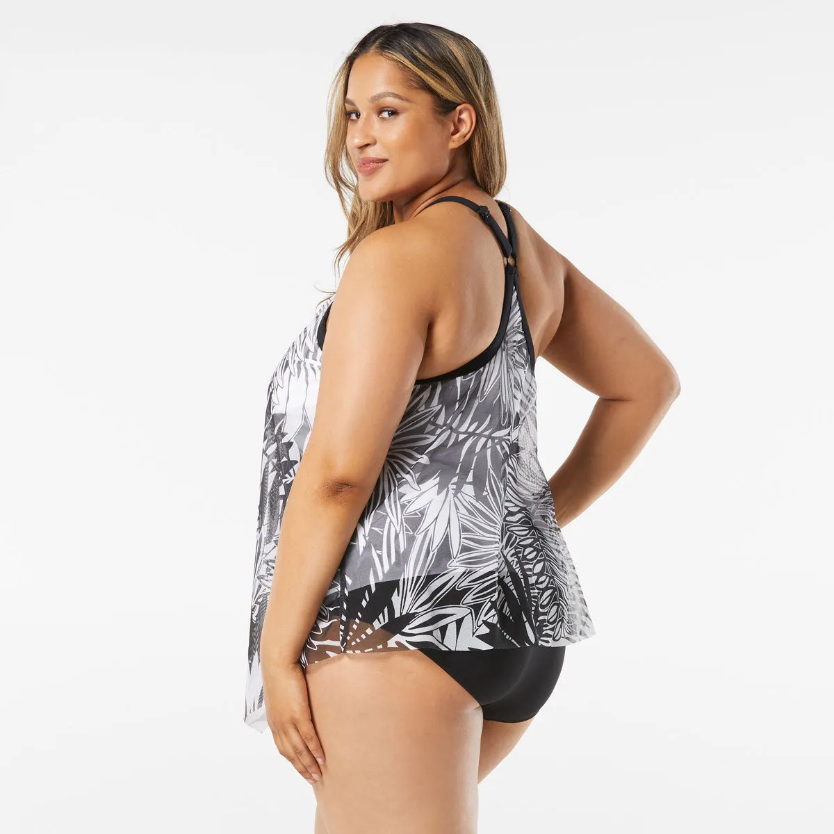 Beach House: Plus Abstract Palm Kerry Mesh Layer Tankini Top