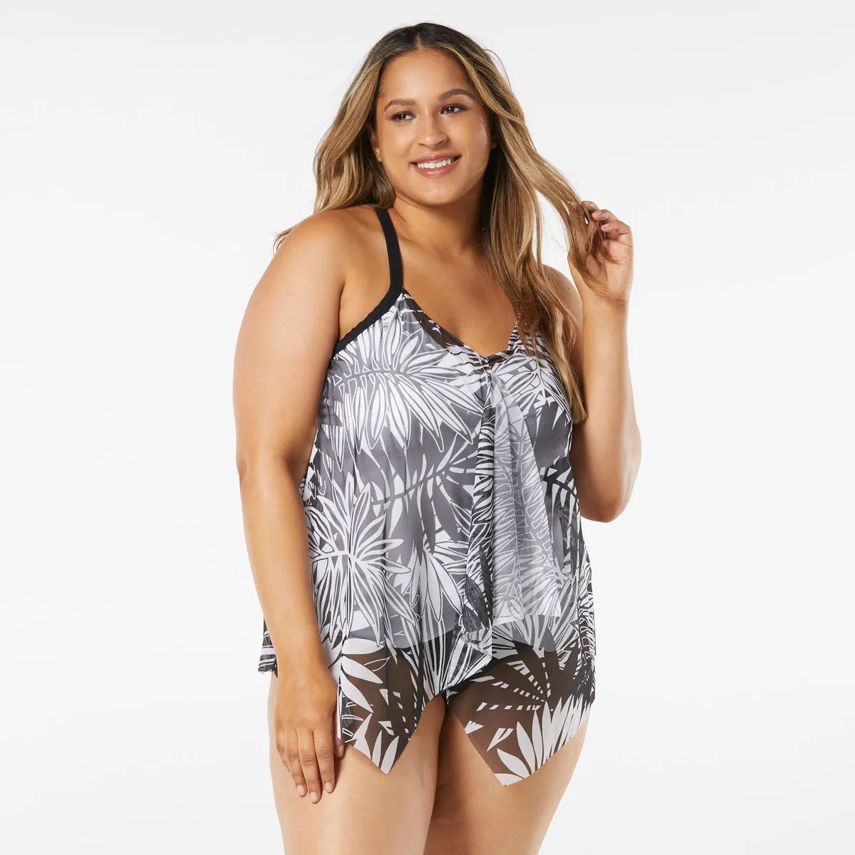 Beach House: Plus Abstract Palm Kerry Mesh Layer Tankini Top