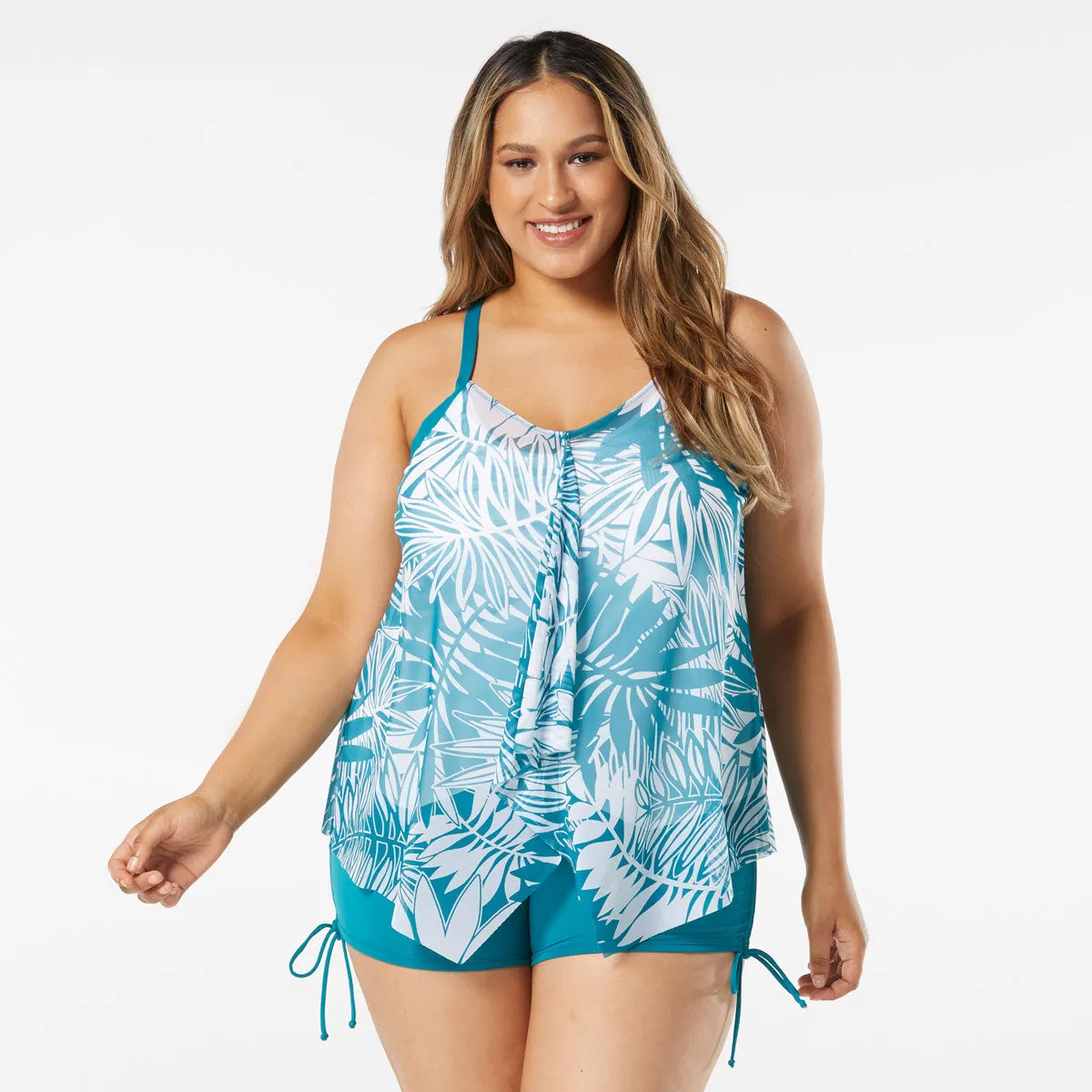 Beach House: Plus Abstract Palm Kerry Mesh Layer Tankini Top
