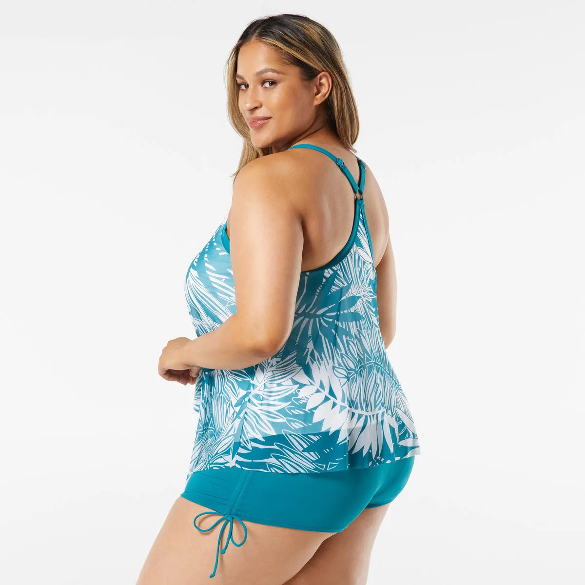 Beach House: Plus Abstract Palm Kerry Mesh Layer Tankini Top