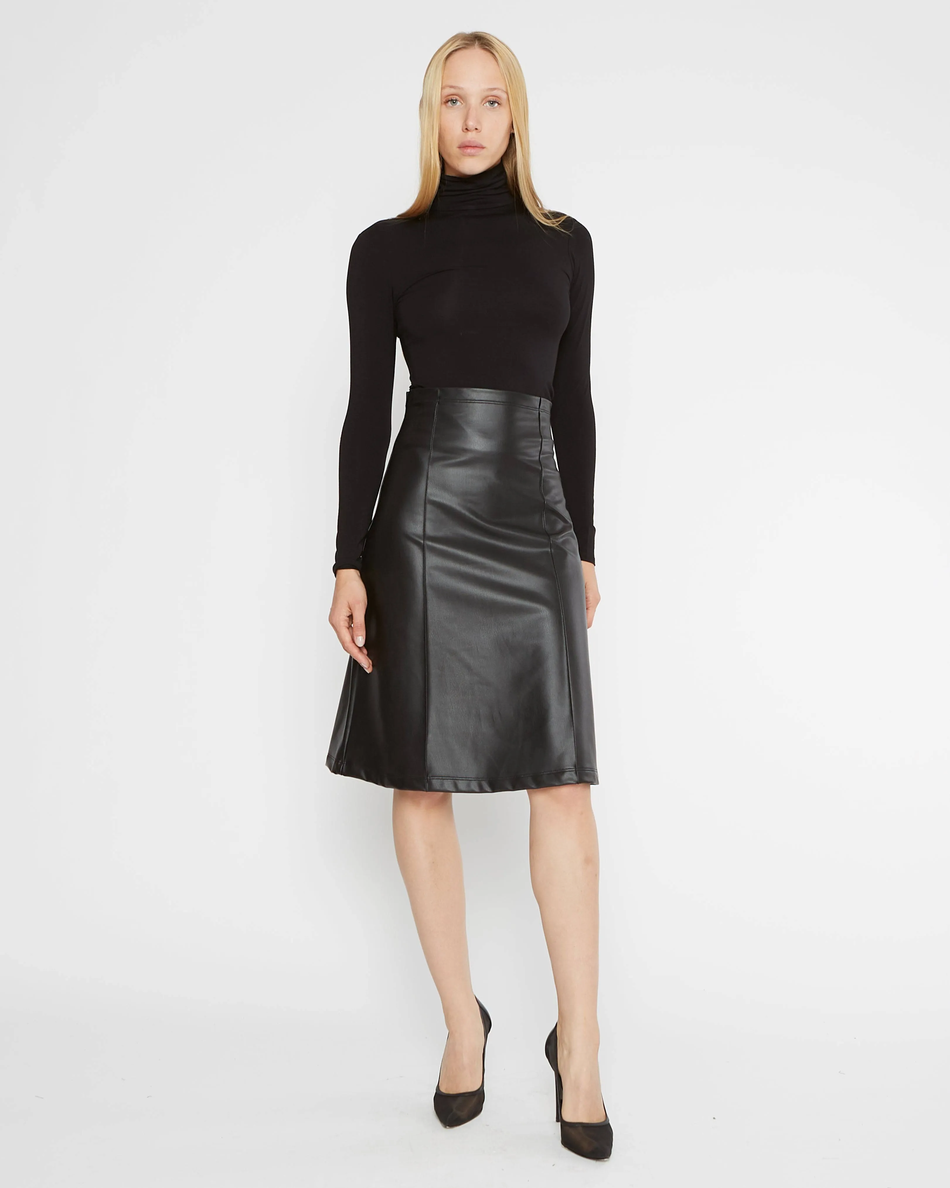 Black Vegan Leather A-Line Midi Skirt