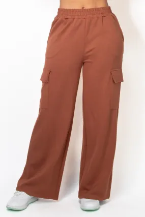 Brown Elastic Straight-Leg Cargo Pants