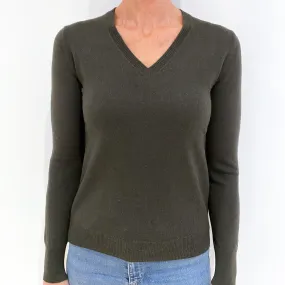 Darkest Khaki Green Cashmere V-Neck Jumper Small