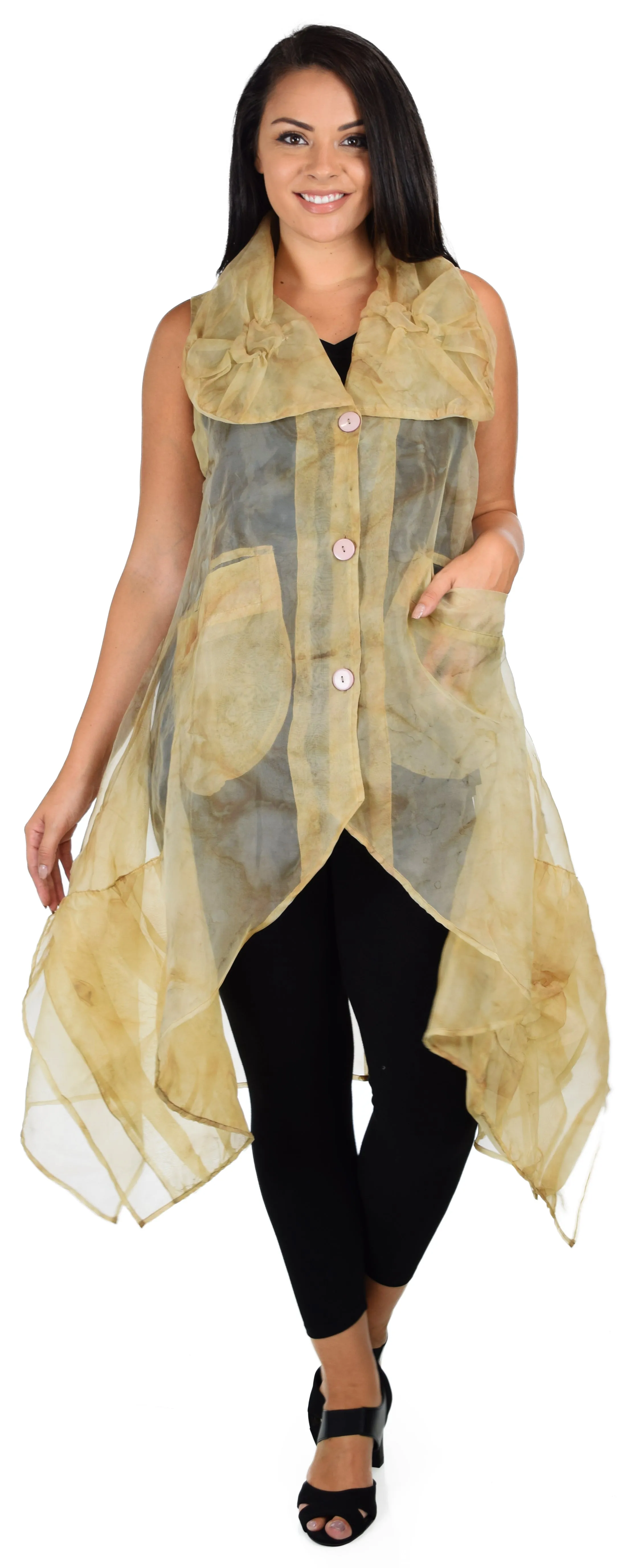 Designer Jacket,Lagen look Jacket Organza Jacket, Long Vest, Asymmetrical vest with buttoned down front. M to 1XL
