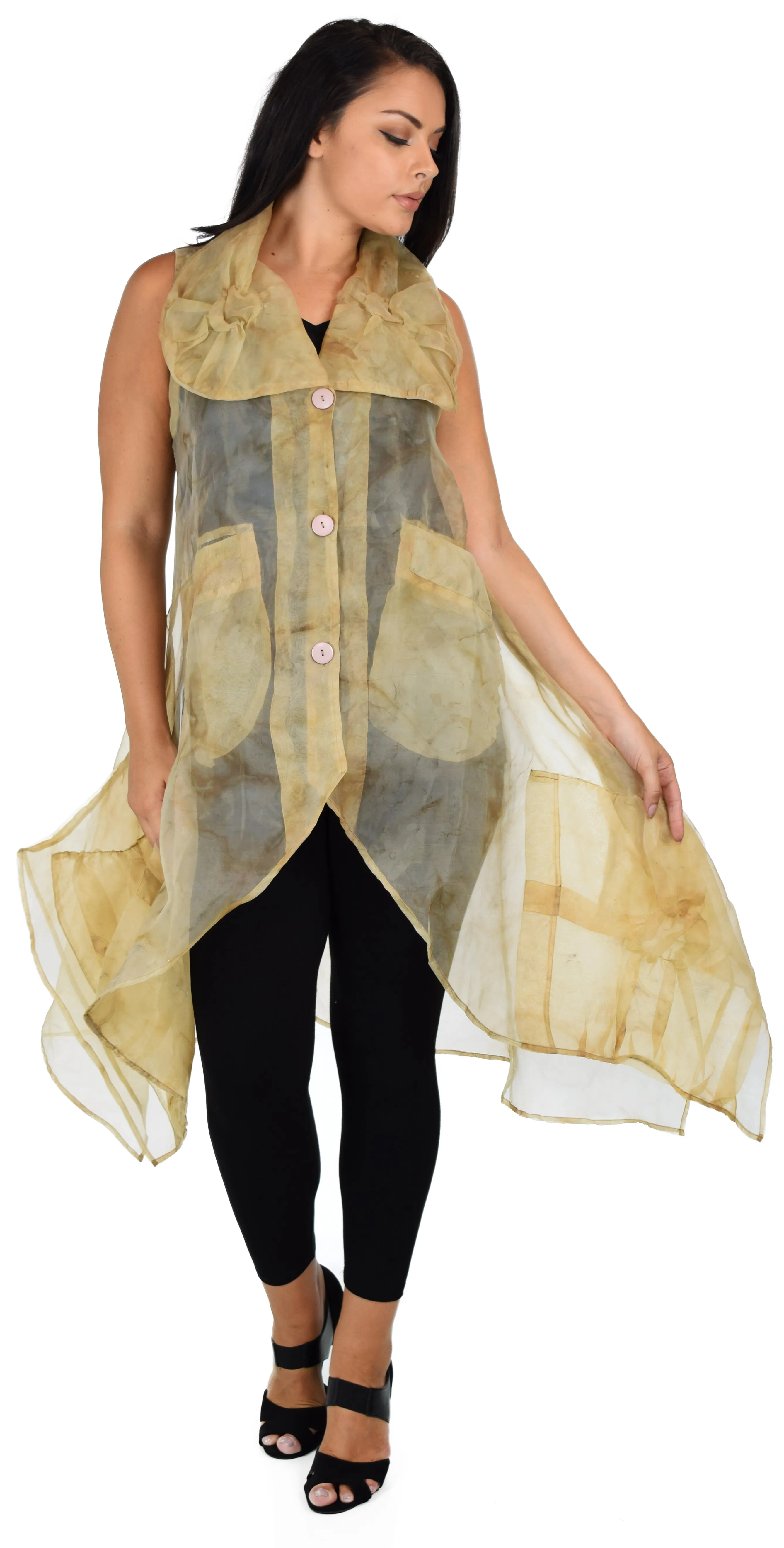 Designer Jacket,Lagen look Jacket Organza Jacket, Long Vest, Asymmetrical vest with buttoned down front. M to 1XL