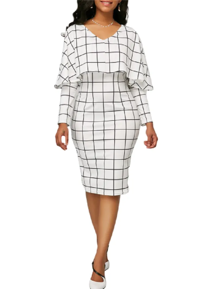 Elegant Black & White Plaid V Neck Ruffles Dress