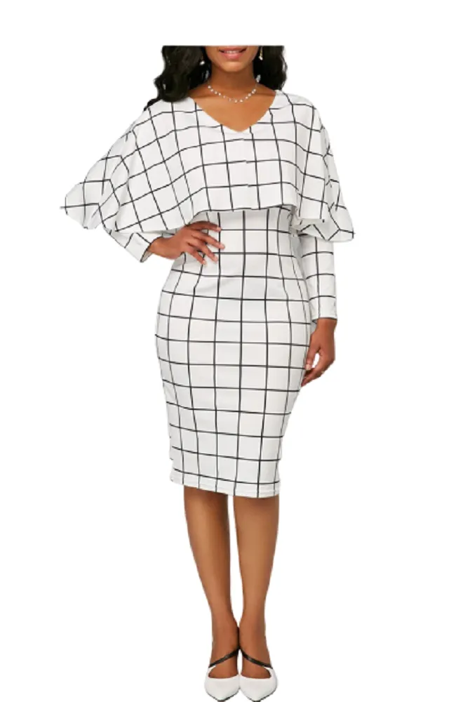 Elegant Black & White Plaid V Neck Ruffles Dress