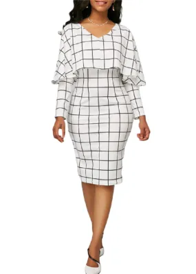 Elegant Black & White Plaid V Neck Ruffles Dress