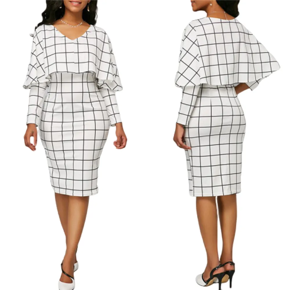 Elegant Black & White Plaid V Neck Ruffles Dress