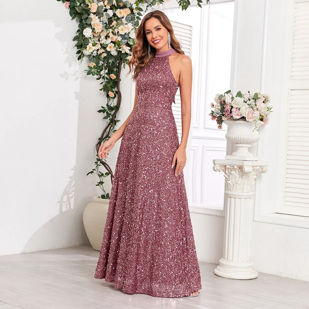 Elegant Halter Sleeveless Shiny Sequined Party Dress