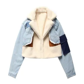 Fashion Denim Patchwork Lamb Fur Lining Jackets Women Coat Casual Long Sleeve Thick Warm