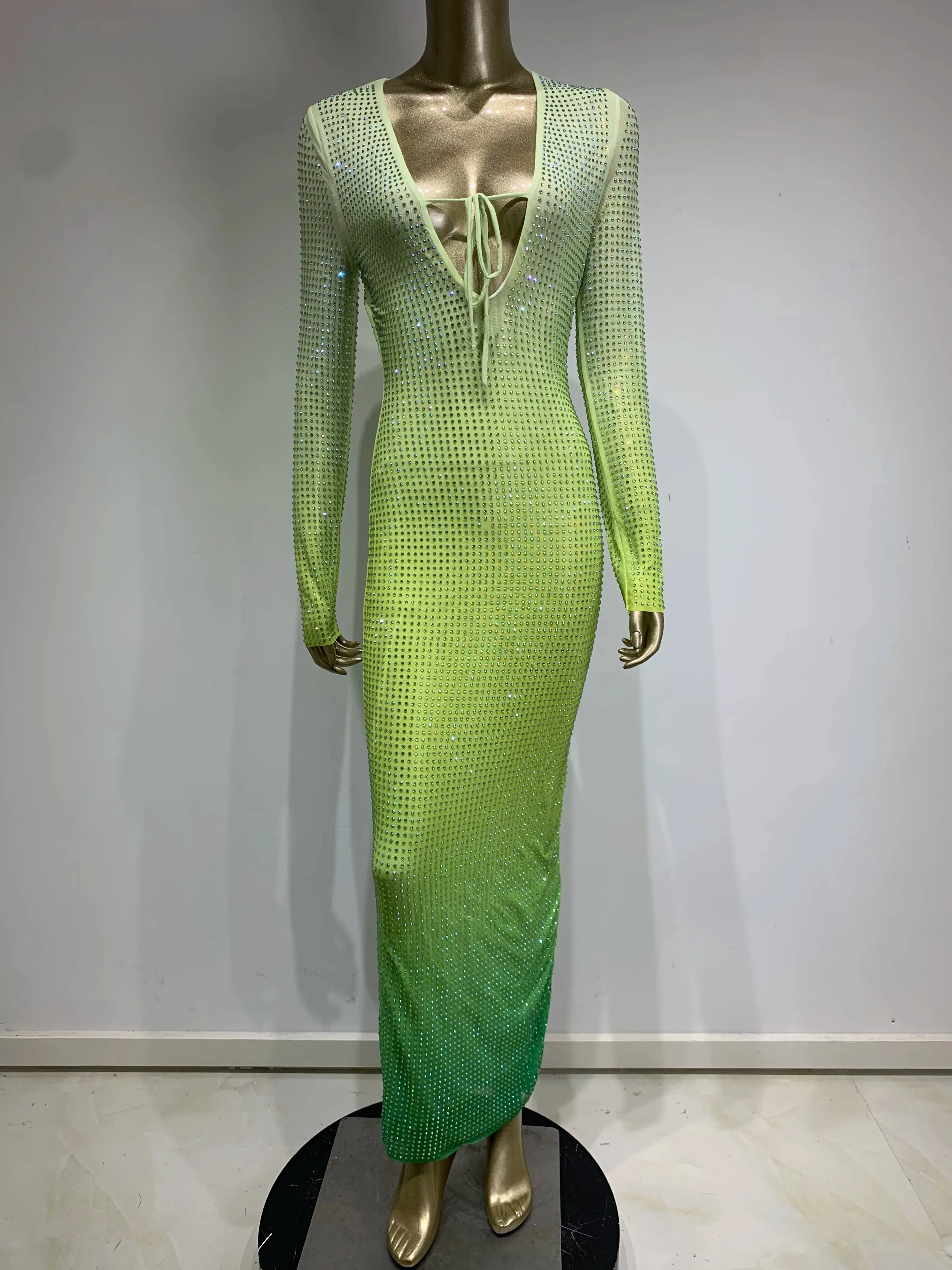 Green Gradient Midi Dress Shimmering Rhinestones & Bold Style