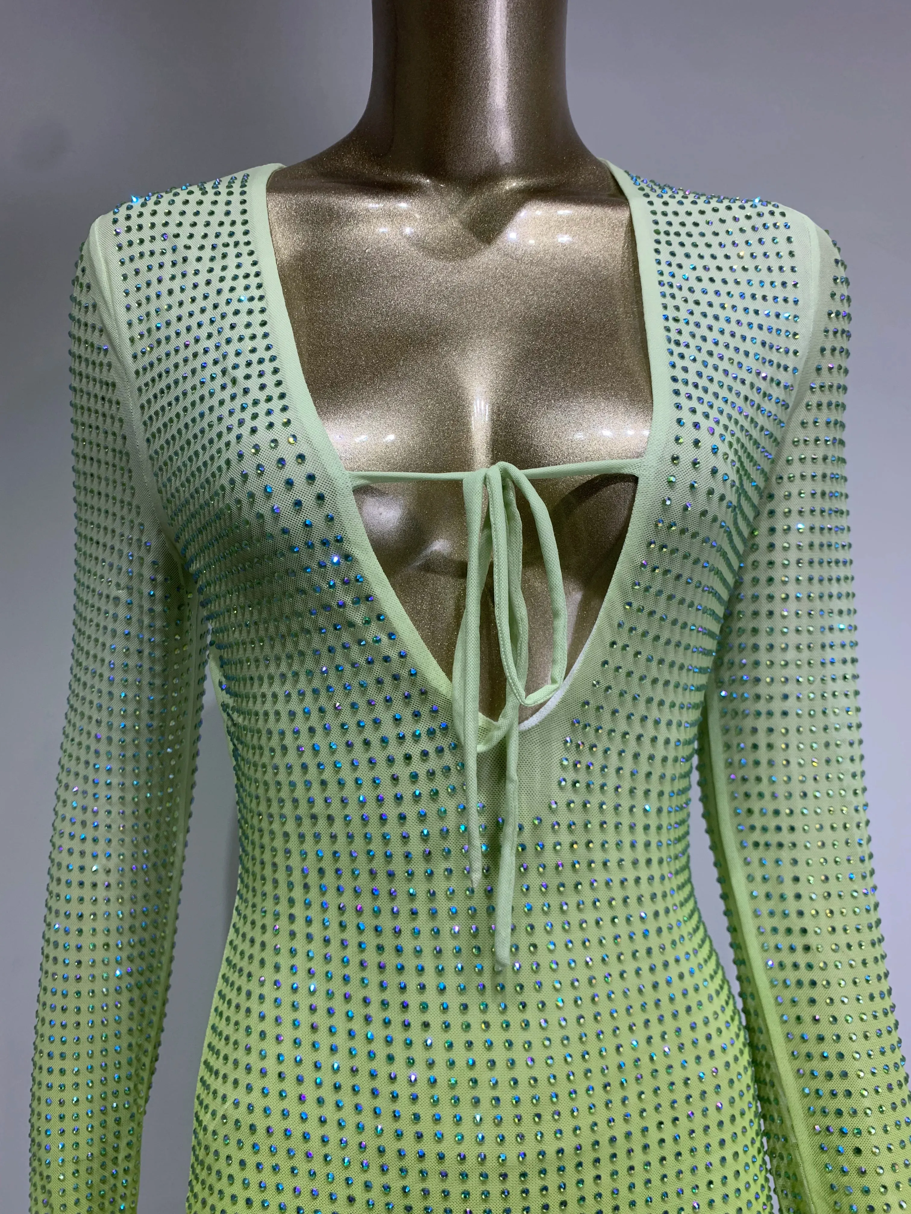 Green Gradient Midi Dress Shimmering Rhinestones & Bold Style