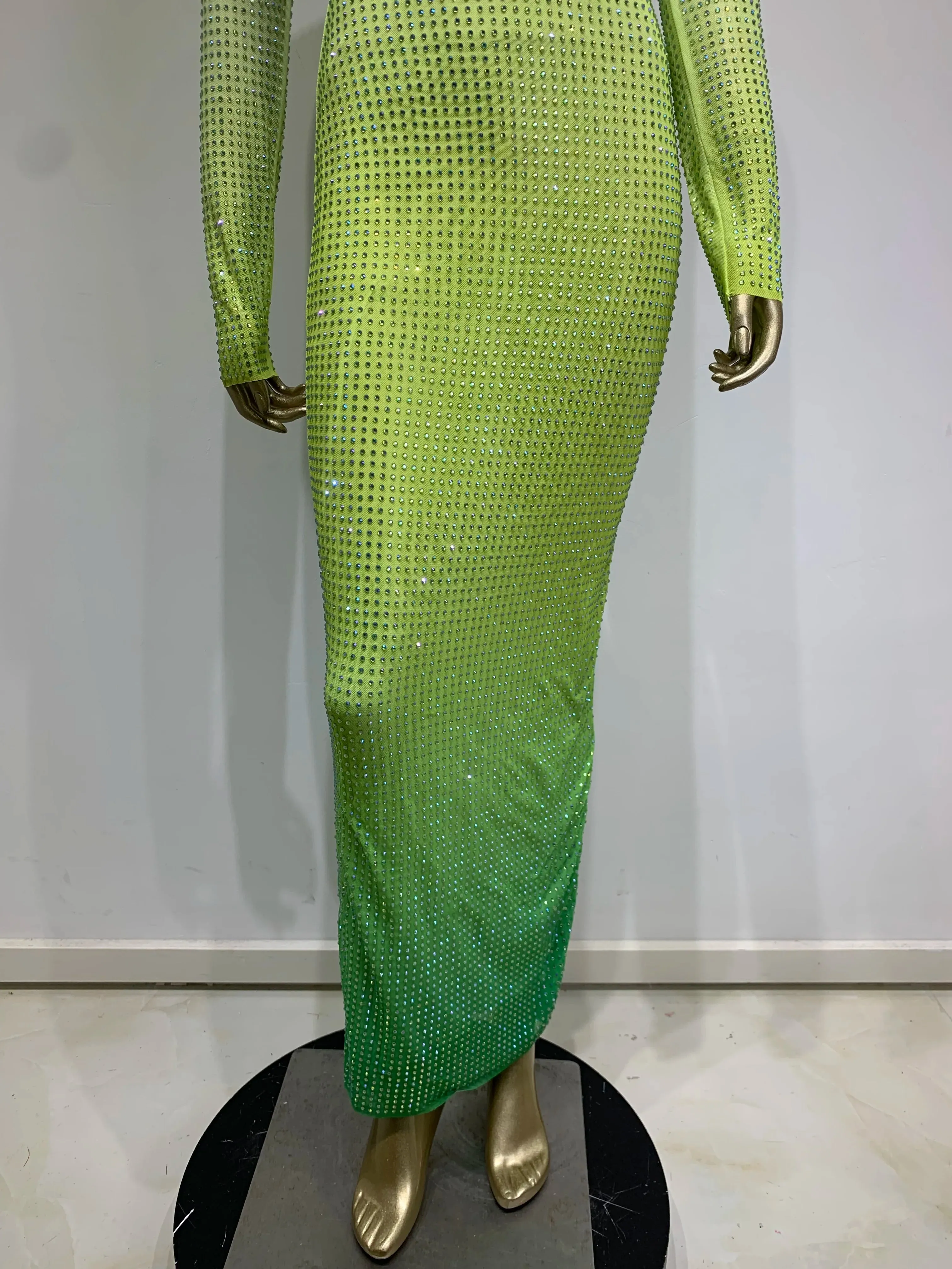 Green Gradient Midi Dress Shimmering Rhinestones & Bold Style