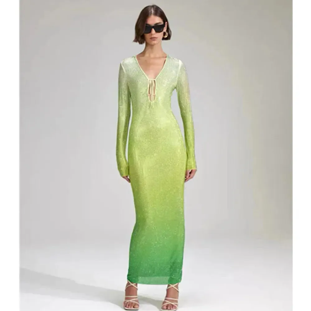 Green Gradient Midi Dress Shimmering Rhinestones & Bold Style