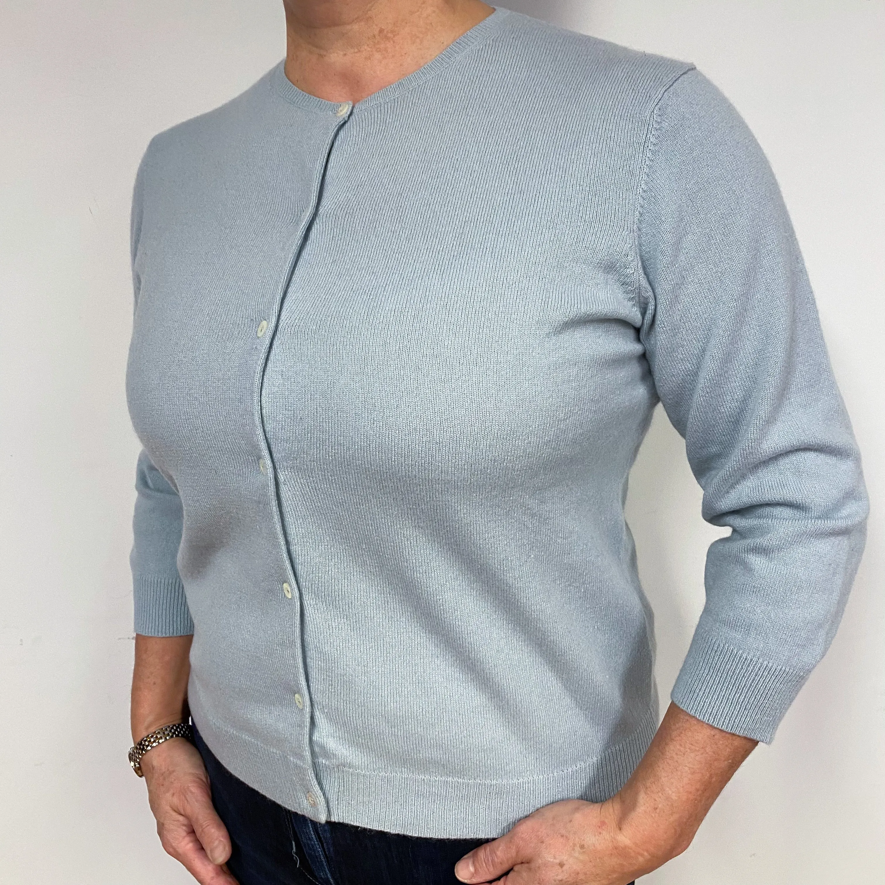 Ice Blue 3/4 Sleeve Cashmere Crew Neck Cardigan Large