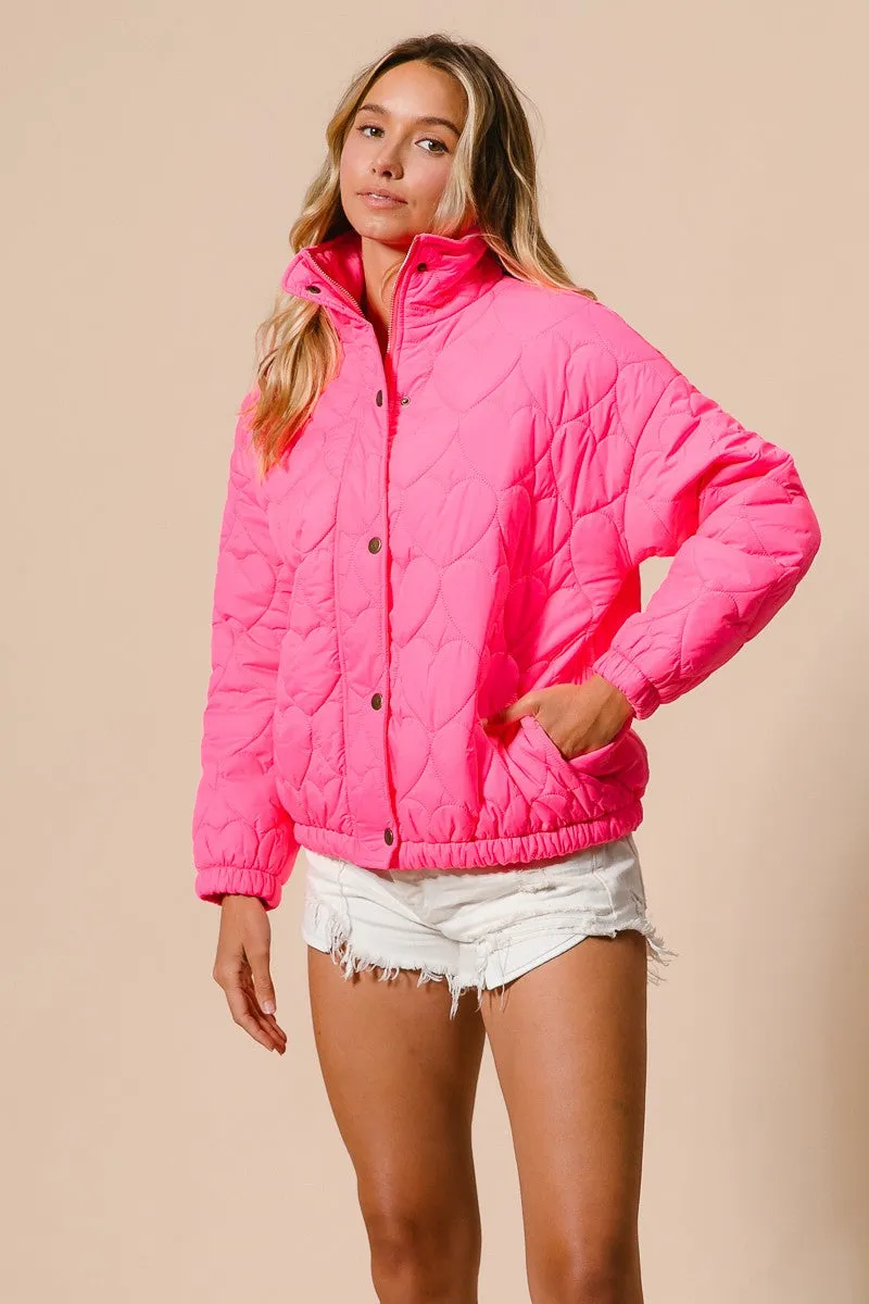 IP8632G-01 | SIDE SEAM POCKETS HEART PATTERN PUFFER JACKET