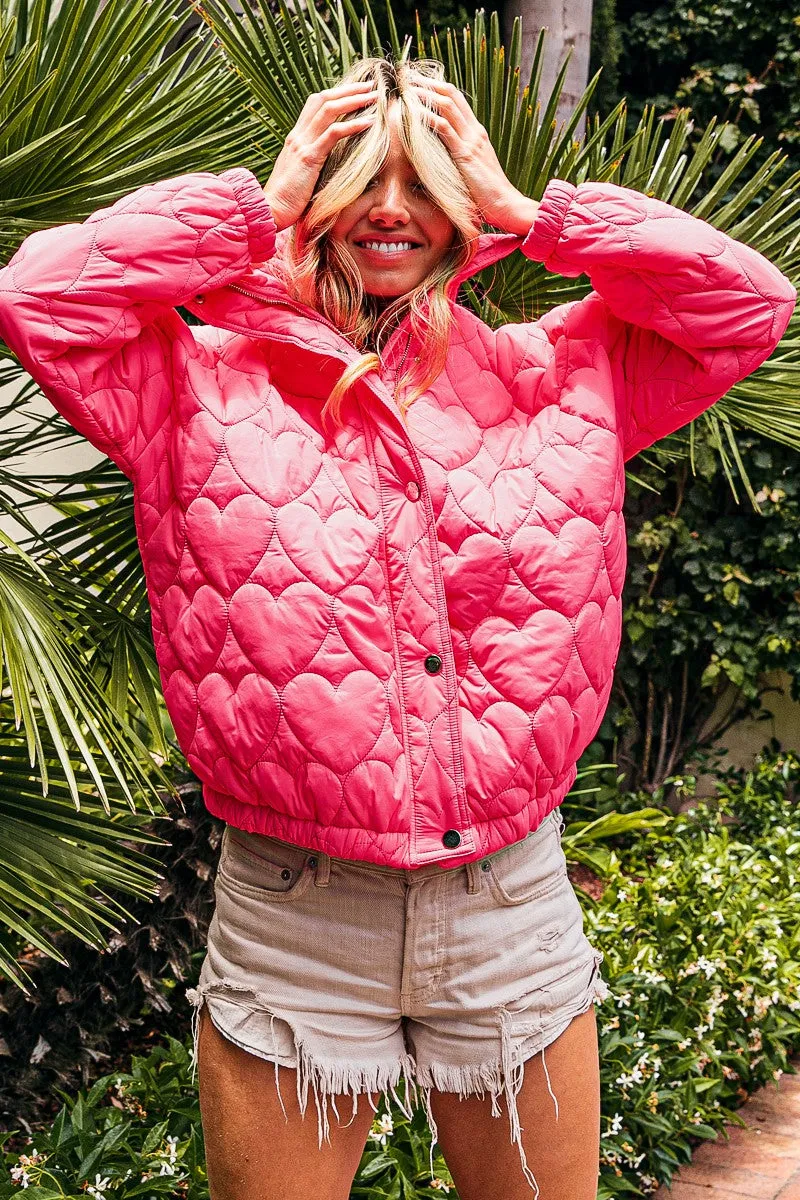 IP8632G-01 | SIDE SEAM POCKETS HEART PATTERN PUFFER JACKET