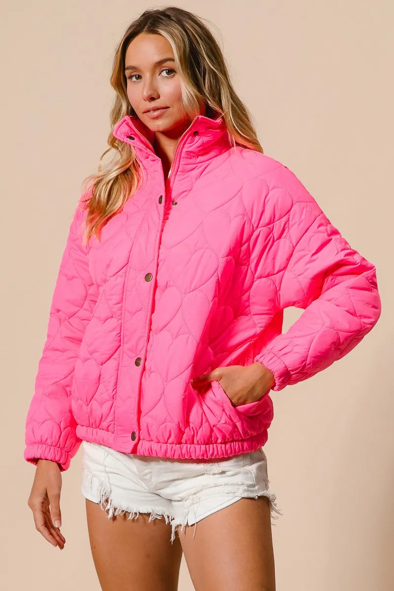 IP8632G-01 | SIDE SEAM POCKETS HEART PATTERN PUFFER JACKET