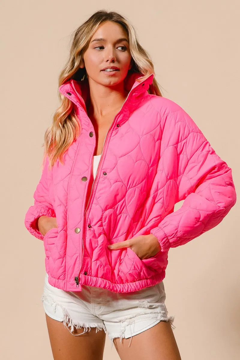 IP8632G-01 | SIDE SEAM POCKETS HEART PATTERN PUFFER JACKET