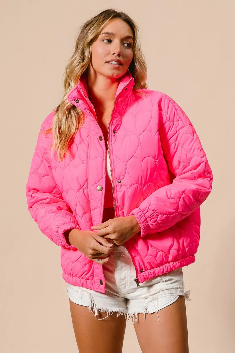 IP8632G-01 | SIDE SEAM POCKETS HEART PATTERN PUFFER JACKET