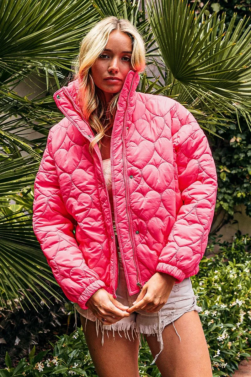 IP8632G-01 | SIDE SEAM POCKETS HEART PATTERN PUFFER JACKET
