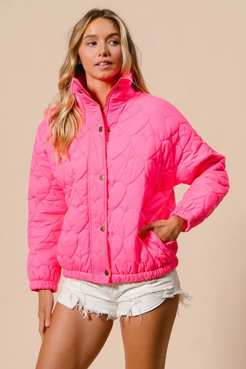 IP8632G-01 | SIDE SEAM POCKETS HEART PATTERN PUFFER JACKET