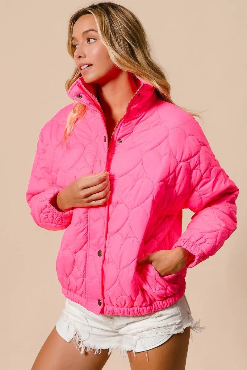 IP8632G-01 | SIDE SEAM POCKETS HEART PATTERN PUFFER JACKET