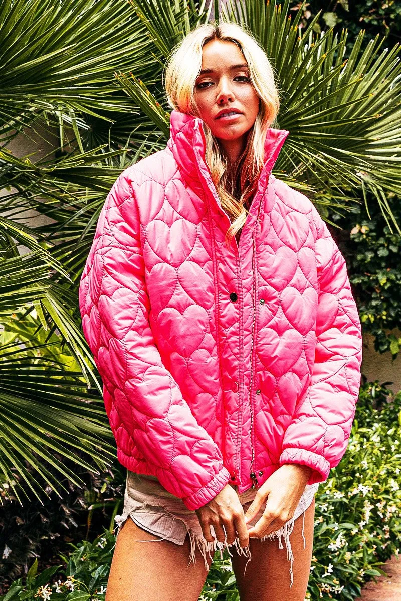 IP8632G-01 | SIDE SEAM POCKETS HEART PATTERN PUFFER JACKET