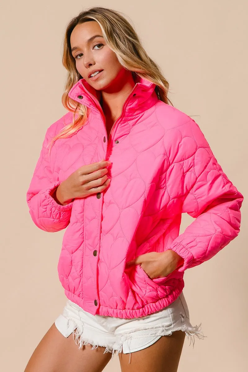 IP8632G-01 | SIDE SEAM POCKETS HEART PATTERN PUFFER JACKET