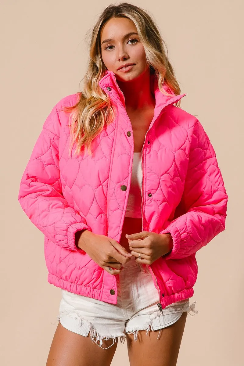 IP8632G-01 | SIDE SEAM POCKETS HEART PATTERN PUFFER JACKET