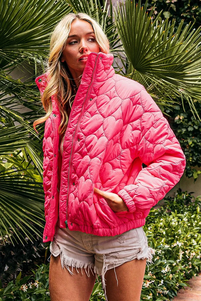 IP8632G-01 | SIDE SEAM POCKETS HEART PATTERN PUFFER JACKET