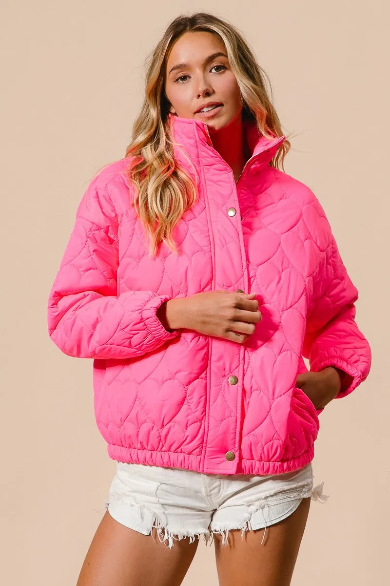 IP8632G-01 | SIDE SEAM POCKETS HEART PATTERN PUFFER JACKET
