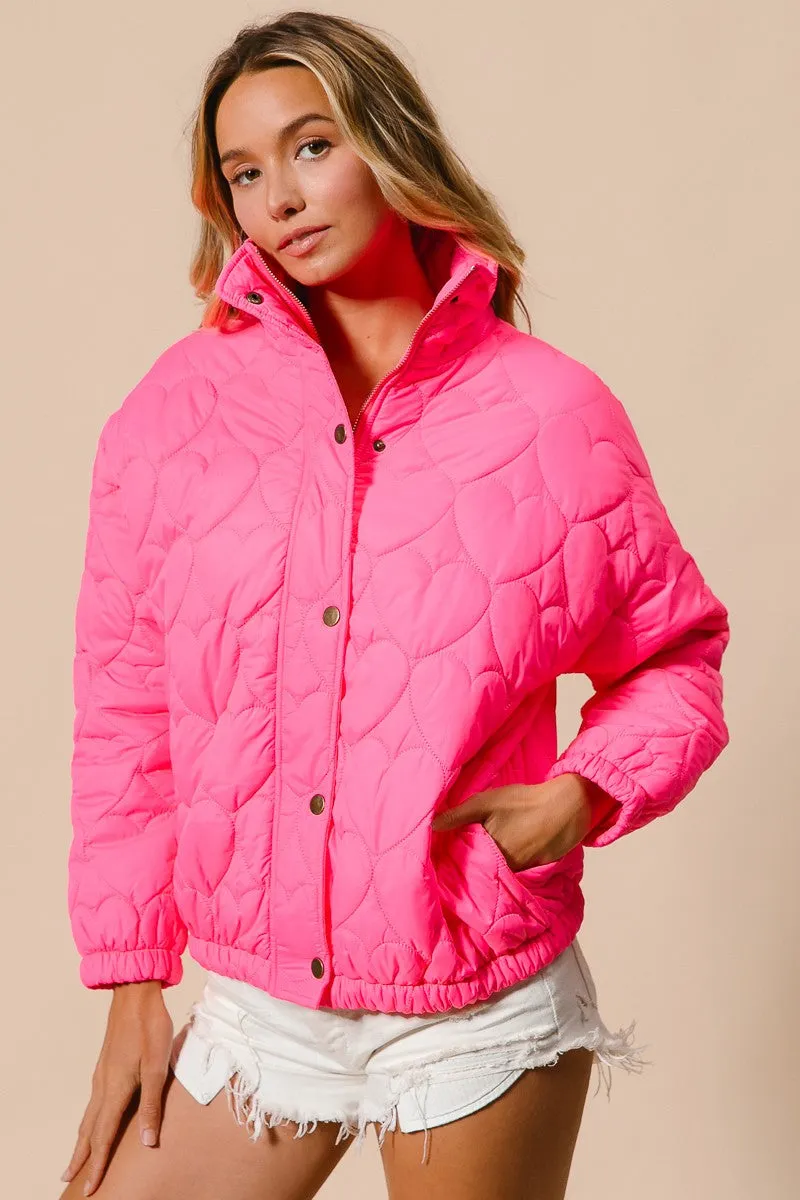 IP8632G-01 | SIDE SEAM POCKETS HEART PATTERN PUFFER JACKET