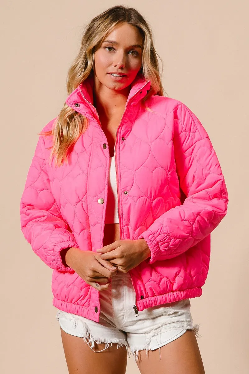 IP8632G-01 | SIDE SEAM POCKETS HEART PATTERN PUFFER JACKET