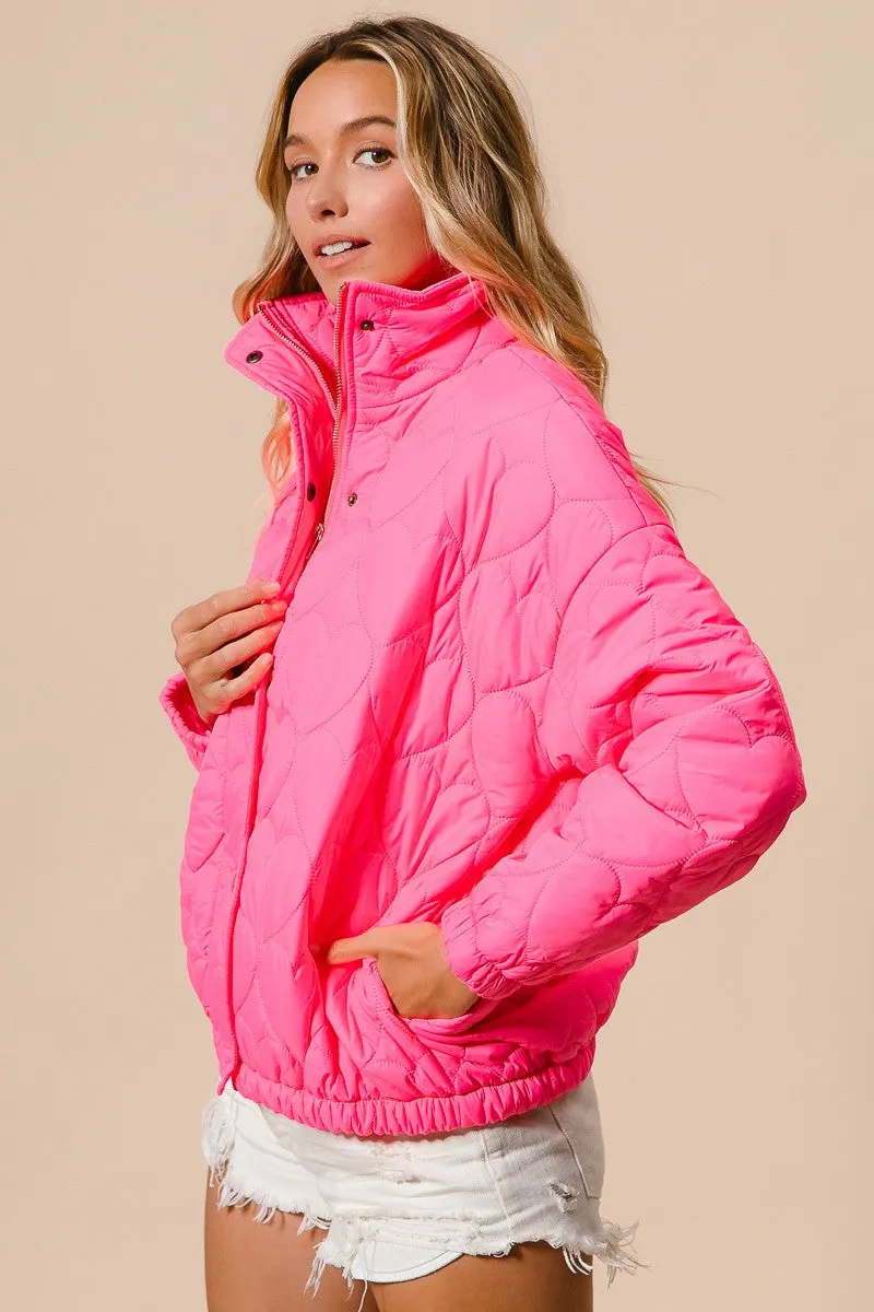 IP8632G-01 | SIDE SEAM POCKETS HEART PATTERN PUFFER JACKET