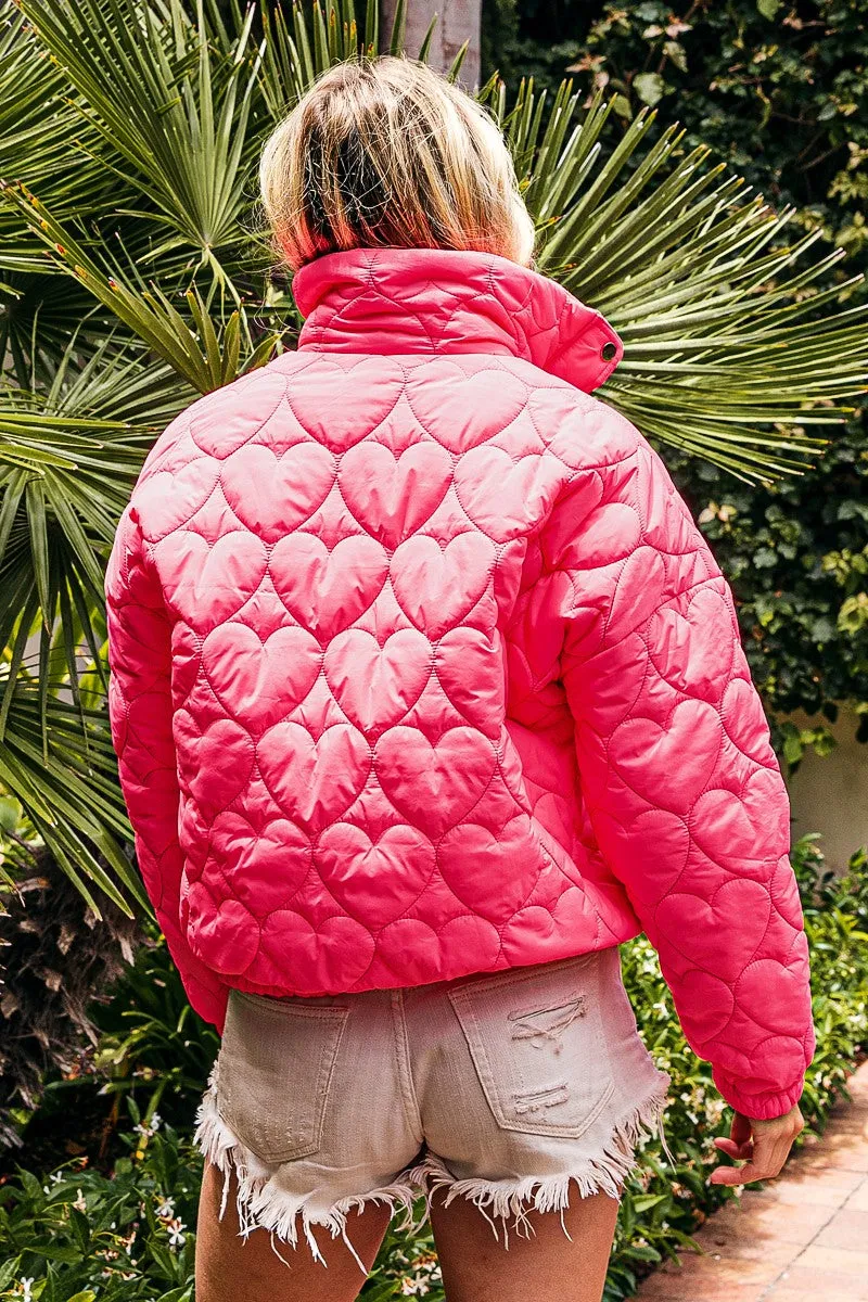 IP8632G-01 | SIDE SEAM POCKETS HEART PATTERN PUFFER JACKET