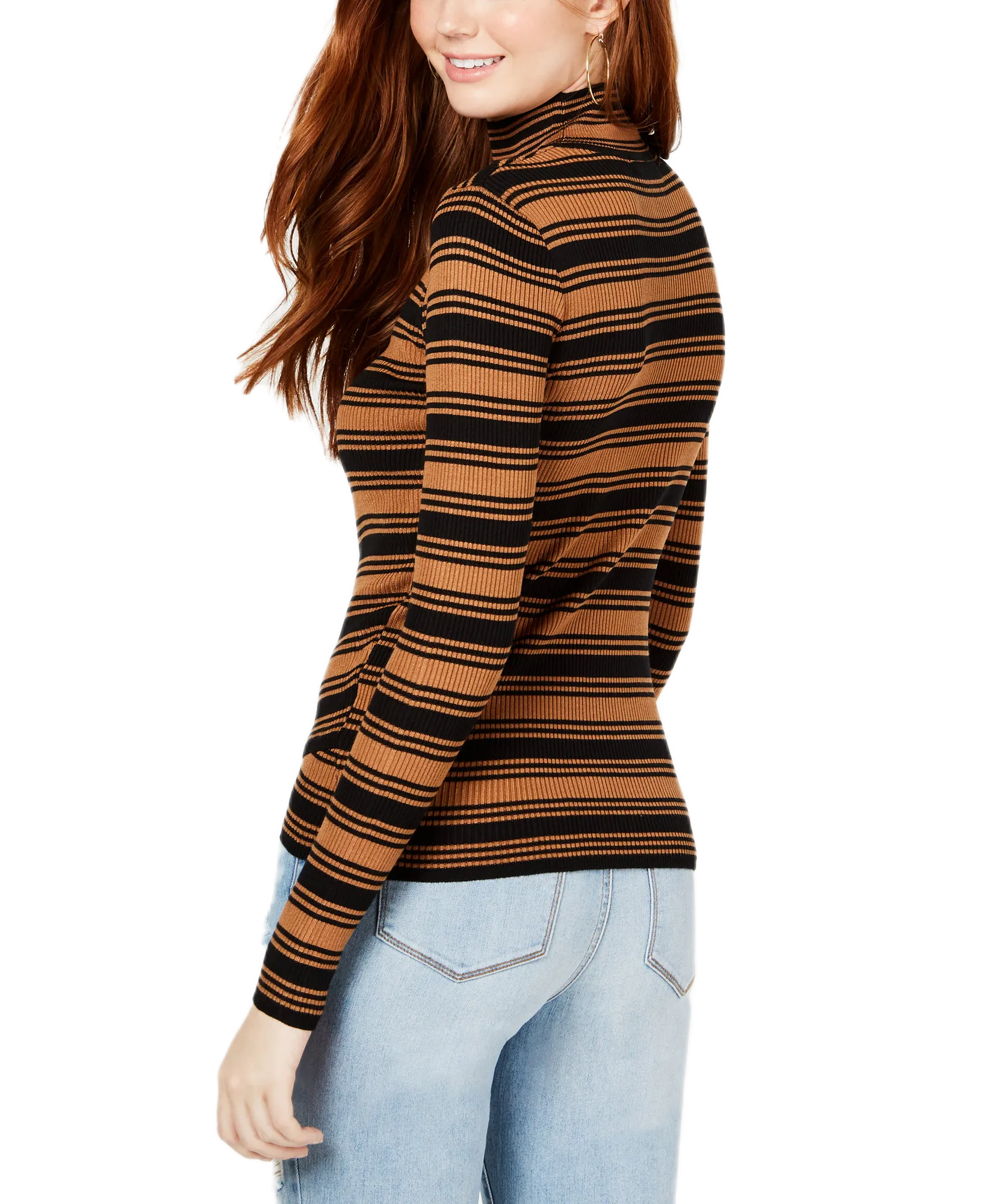 Juniors' Striped Crossover-Hem Mock-Neck Sweater