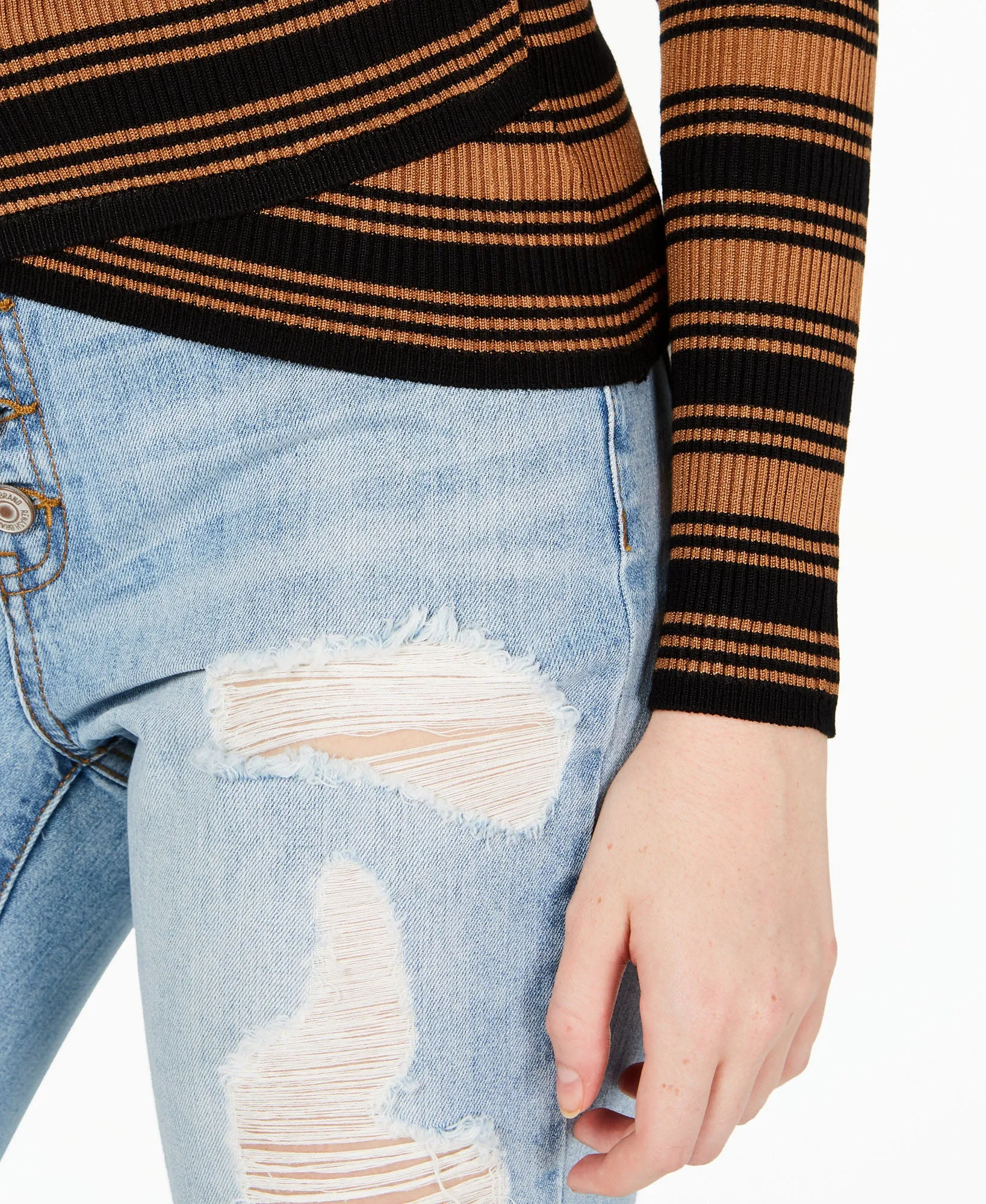 Juniors' Striped Crossover-Hem Mock-Neck Sweater