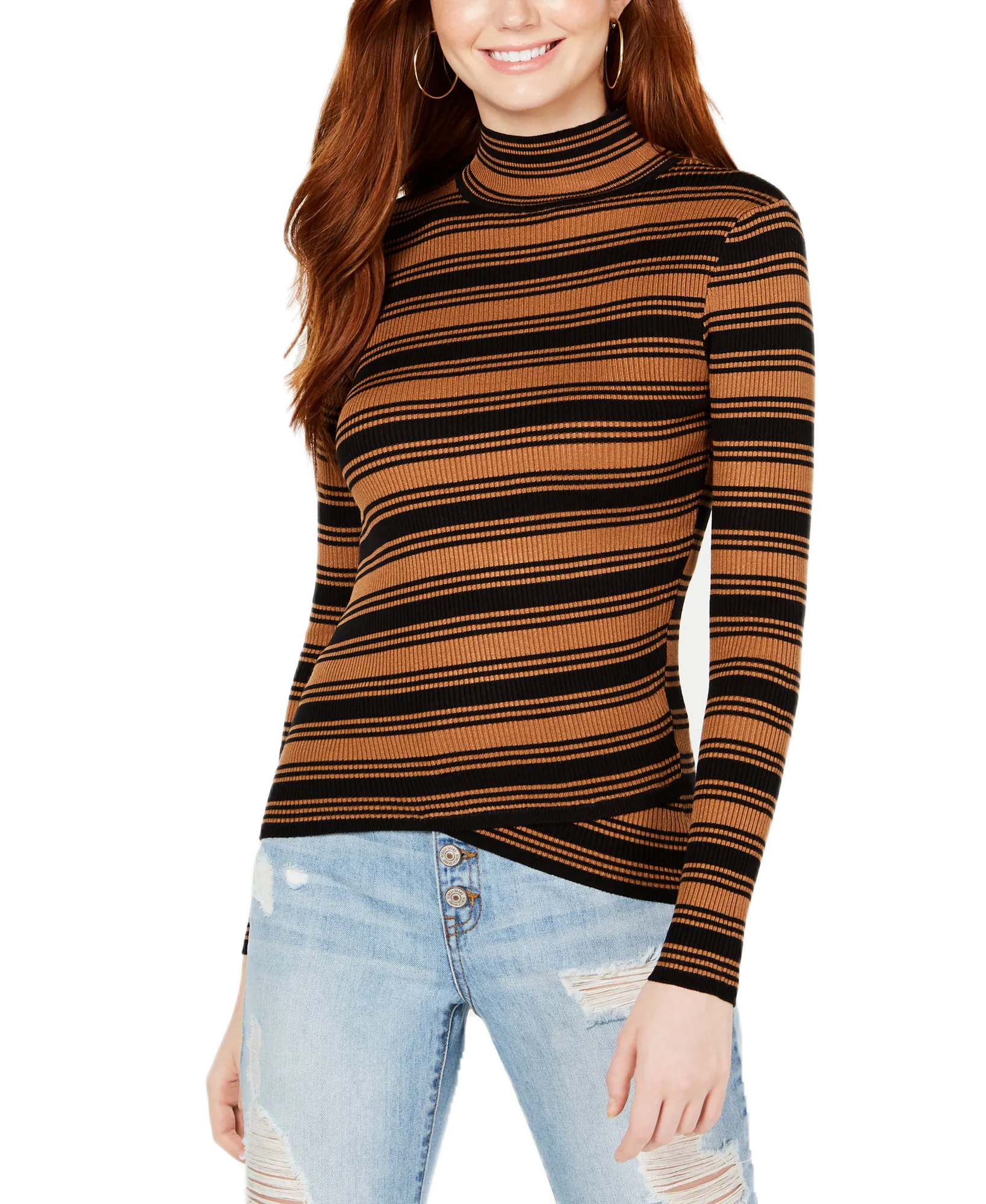 Juniors' Striped Crossover-Hem Mock-Neck Sweater