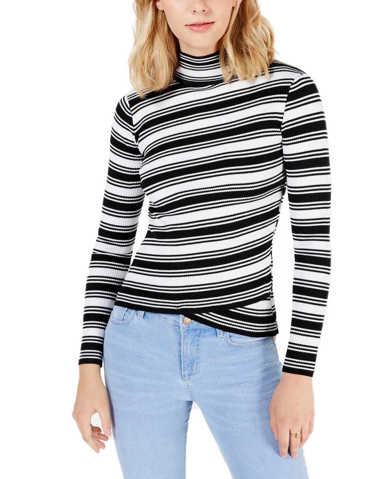 Juniors' Striped Crossover-Hem Mock-Neck Sweater