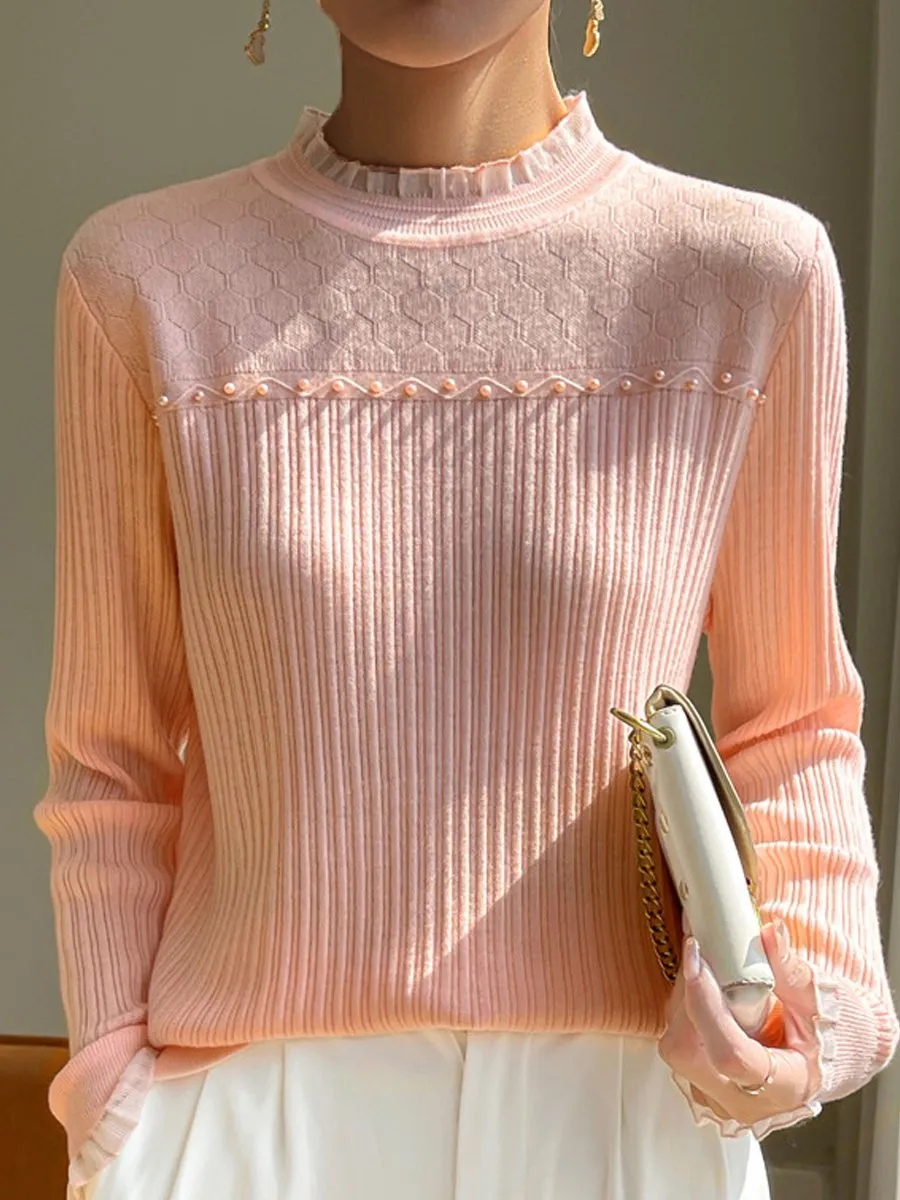 Lace-Trimmed Turtleneck Sweater in Pure Wool