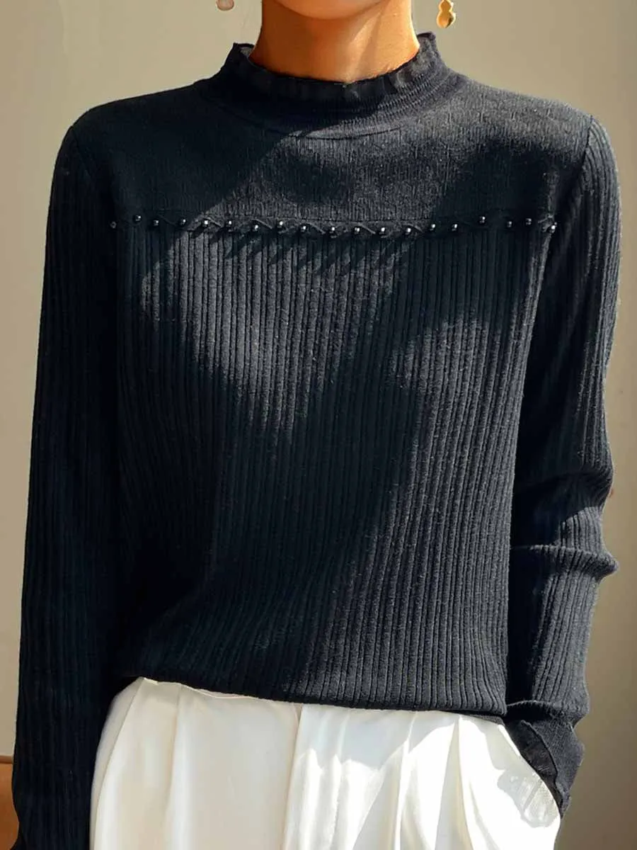 Lace-Trimmed Turtleneck Sweater in Pure Wool