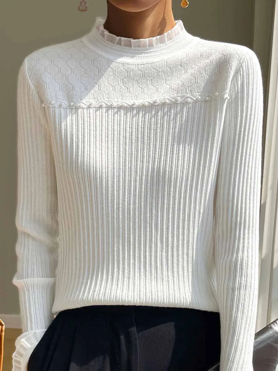 Lace-Trimmed Turtleneck Sweater in Pure Wool