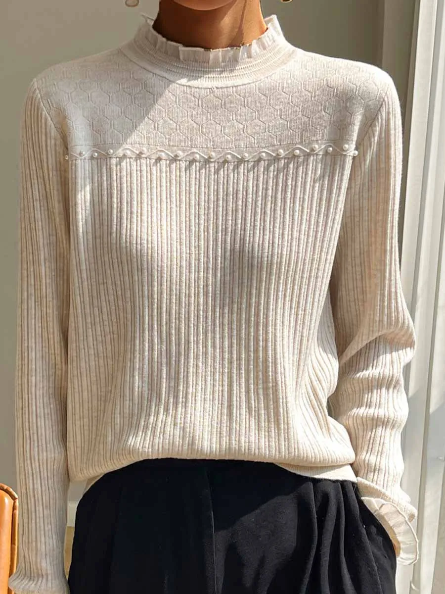 Lace-Trimmed Turtleneck Sweater in Pure Wool