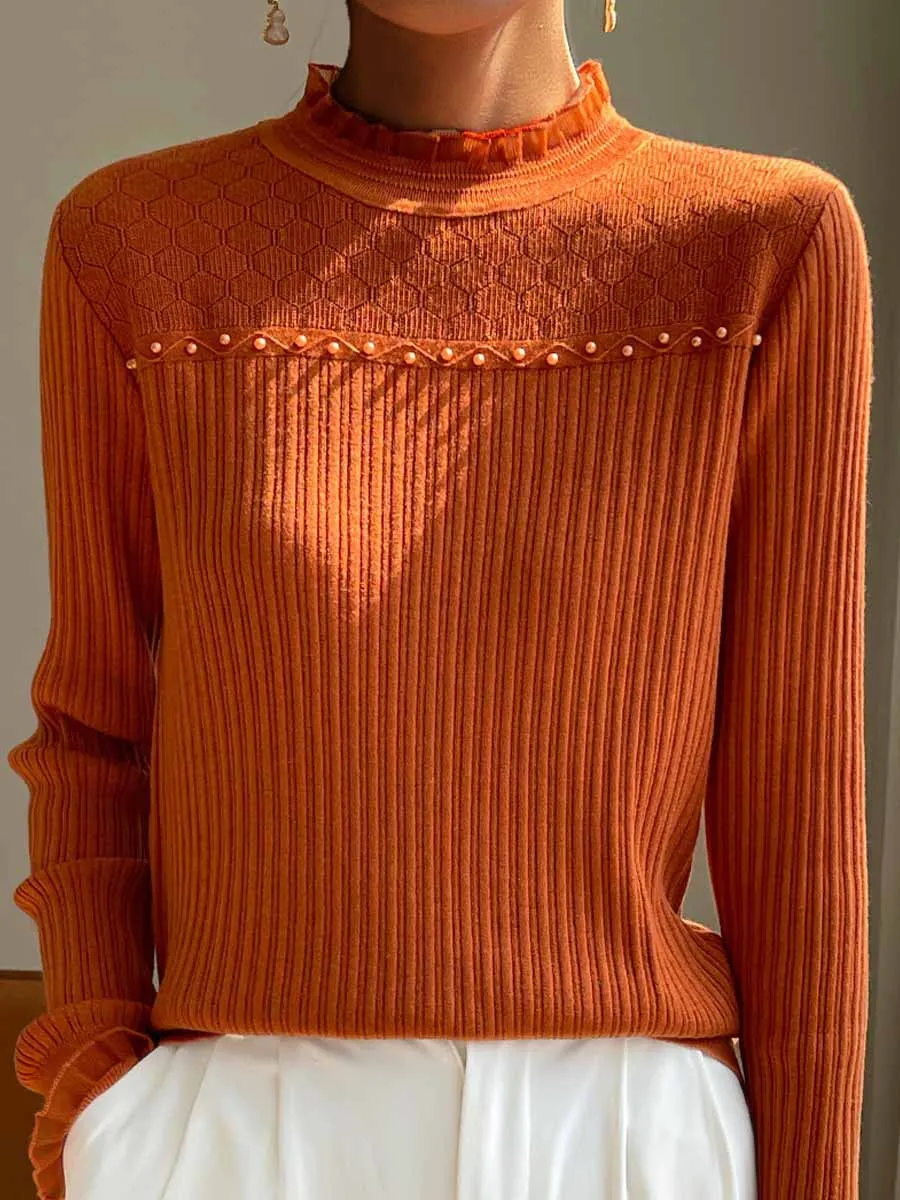 Lace-Trimmed Turtleneck Sweater in Pure Wool