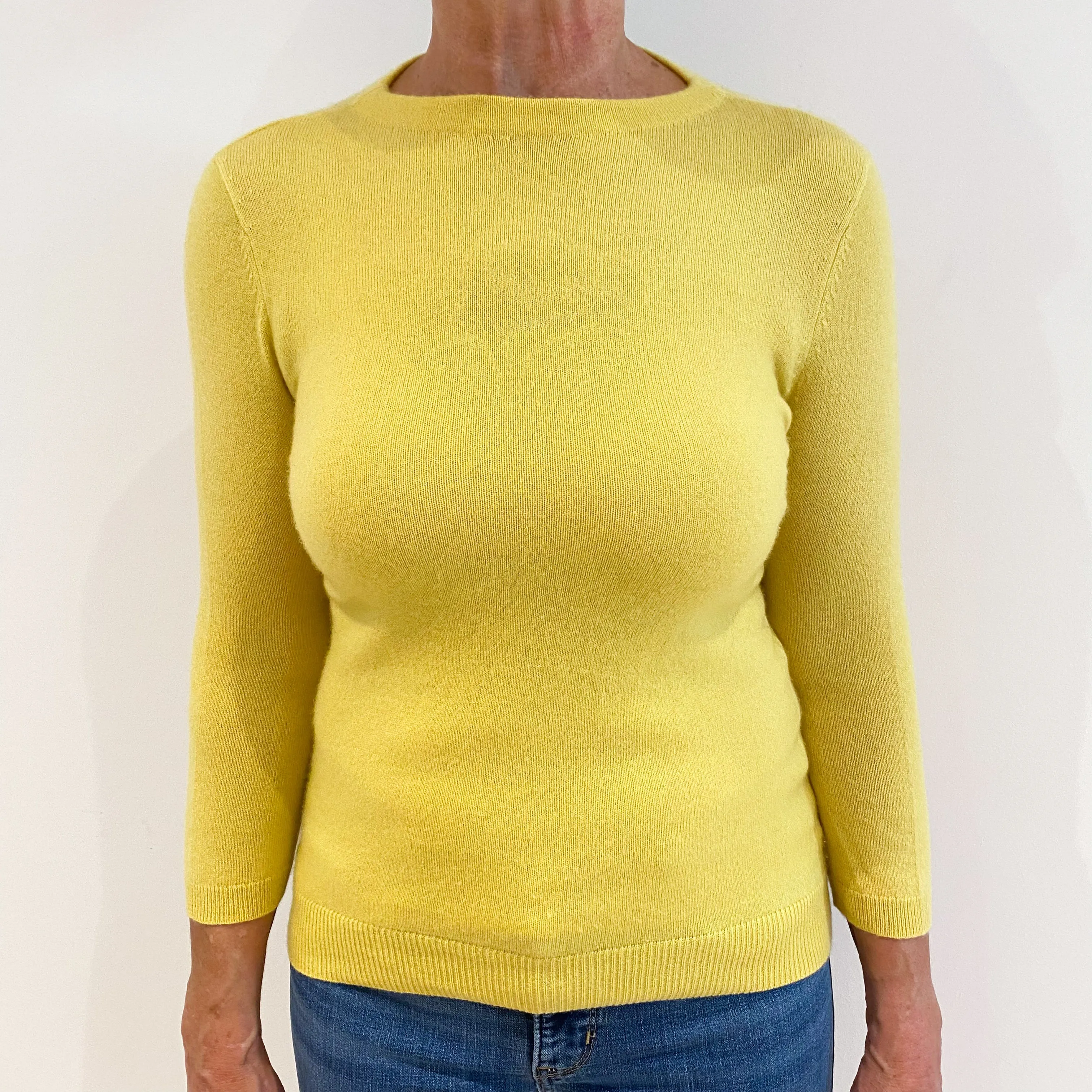 Lemon Yellow 3/4 Sleeved Cashmere Crew Neck Jumper Medium
